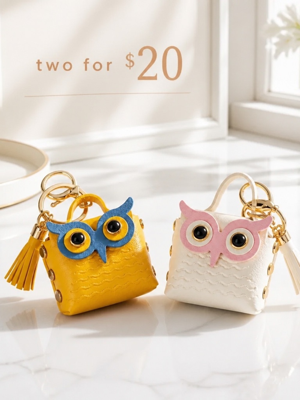 2 for $20 Charming Owl Mini Bag Keychain - Yellow and White